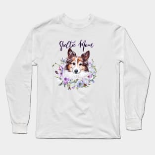 Sheltie Mom Cute Sheltie with Flower Wreath Illustration Art Long Sleeve T-Shirt